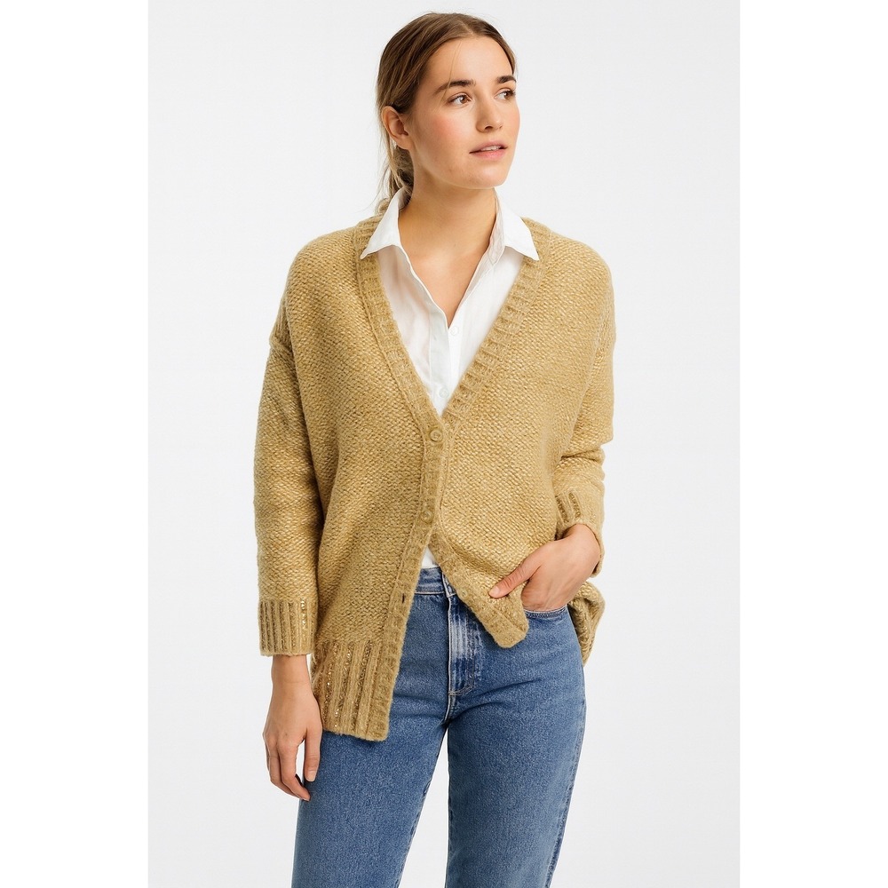 Maeve Anthropologie NWT Sequin Trim Layered Cardigan Sweater Tan Gold Large